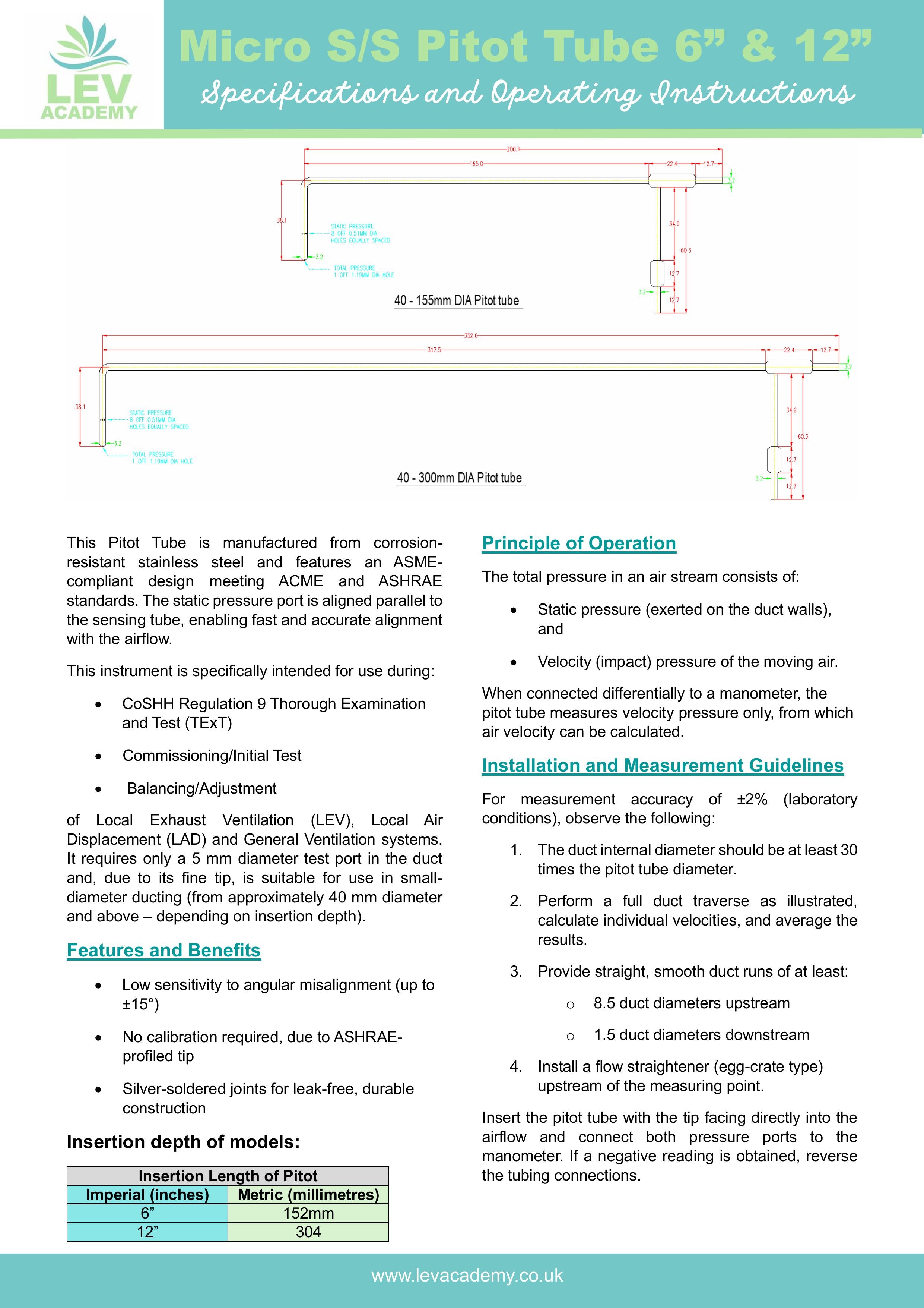 Small 12" Pocket Pitot (Fits 40 - 300mm DIA duct)
